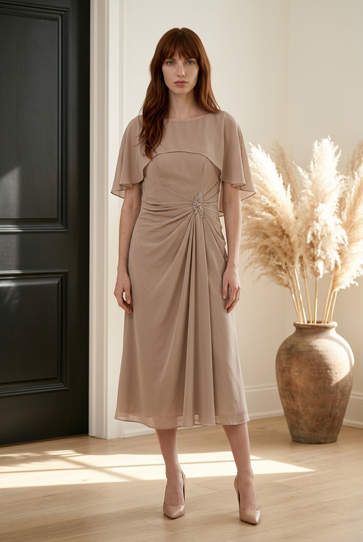 Taupe Dress with Caplet and Ruched Waistline, Size 12