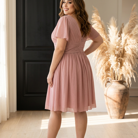 Pink Shimmer V-neck Dress with Flutter Sleeves, Size 18