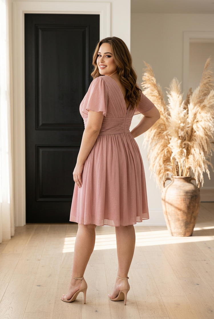 Pink Shimmer V-neck Dress with Flutter Sleeves, Size 18