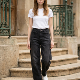 Black Denim Curved-Leg Jean, Size S