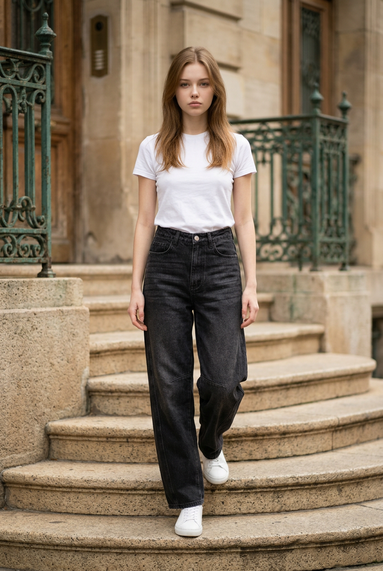 Black Denim Curved-Leg Jean, Size S