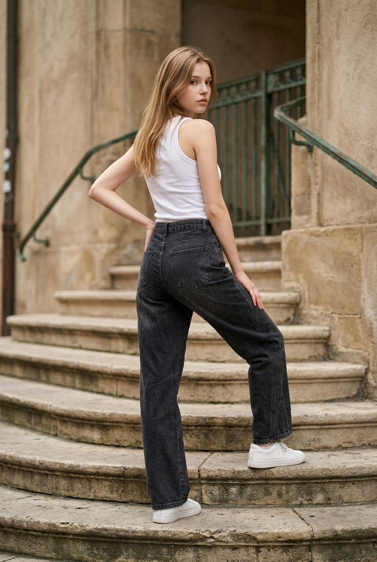 Black Denim Curved-Leg Jean, Size S