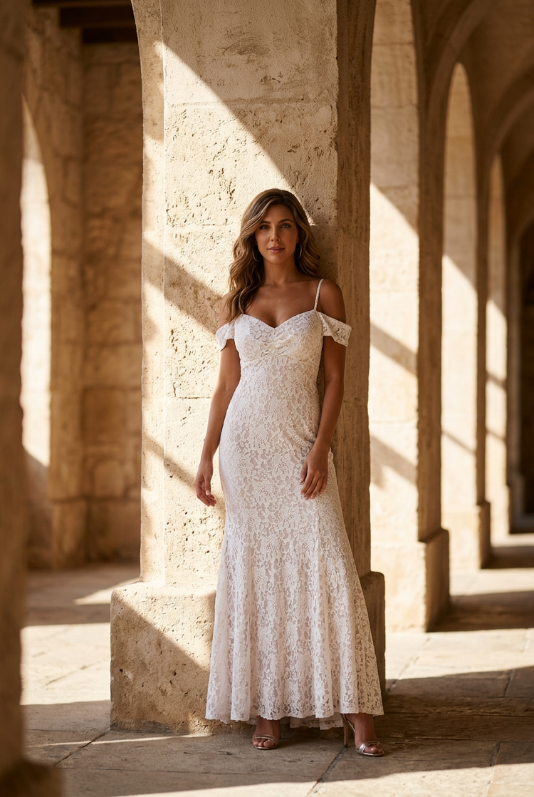 NW Nightway Ivory Lace Over Blush Cold Shoulder Gown with Open Back, Size 16