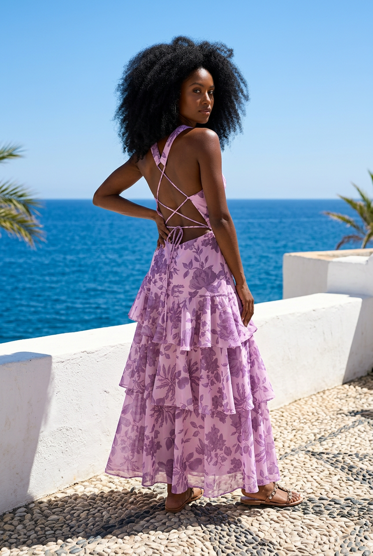 Lilac Floral Print Gown with Halter Top and Ruffled Skirt, Size 4