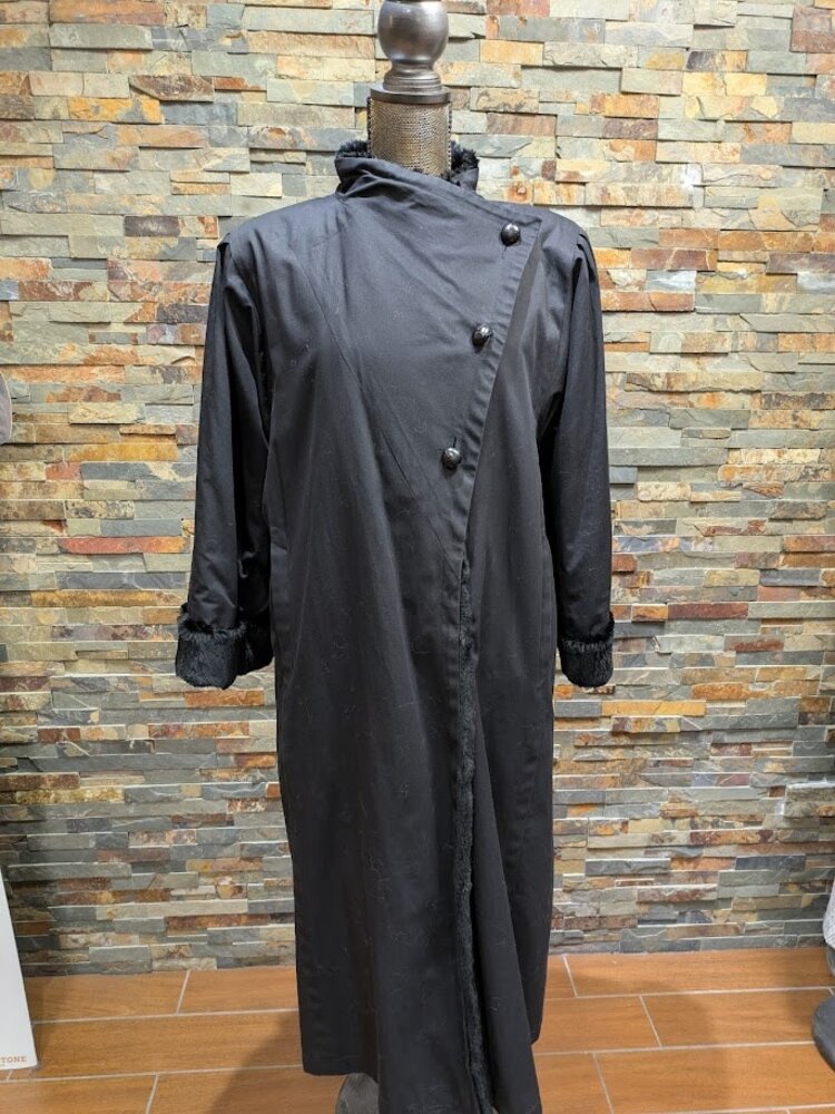 Asymetrical Cotton Trenchcoat with Sheared Black Rabbit Fur Liner, Size Medium