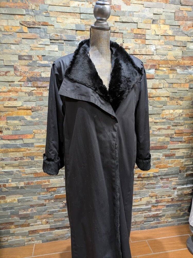 Asymetrical Cotton Trenchcoat with Sheared Black Rabbit Fur Liner, Size Medium