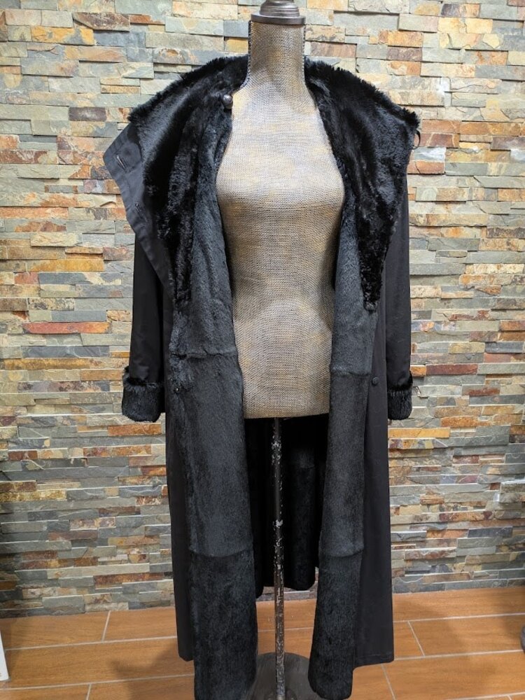 Asymetrical Cotton Trenchcoat with Sheared Black Rabbit Fur Liner, Size Medium