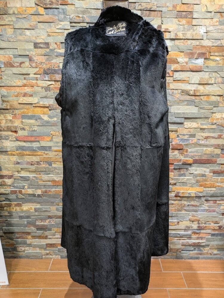 Asymetrical Cotton Trenchcoat with Sheared Black Rabbit Fur Liner, Size Medium
