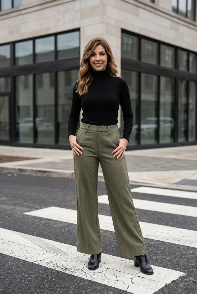Army Green Side Pleated Wide Leg Pants, Size S (6)