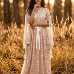 Dress The Population Champagne Kaftan Style Fully Beaded Gown, Size S