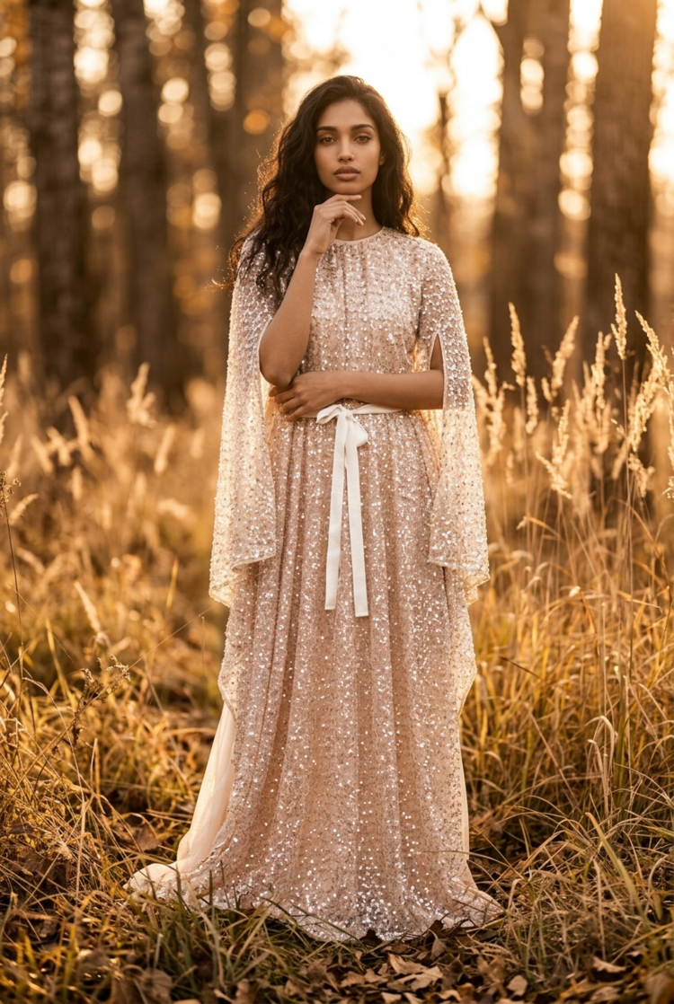 Dress The Population Champagne Kaftan Style Fully Beaded Gown, Size S
