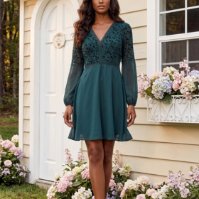 Hunter Green V-Neck Dress with Leaf Pattern Bodice, Size L