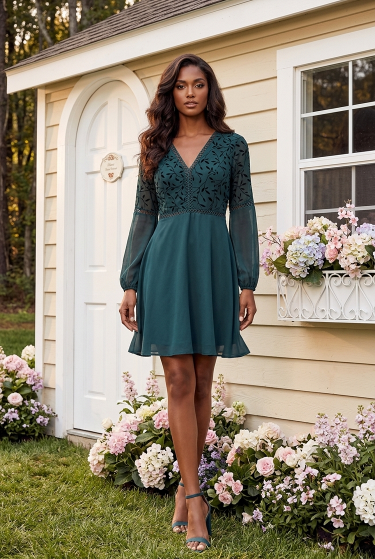 Hunter Green V-Neck Dress with Leaf Pattern Bodice, Size L