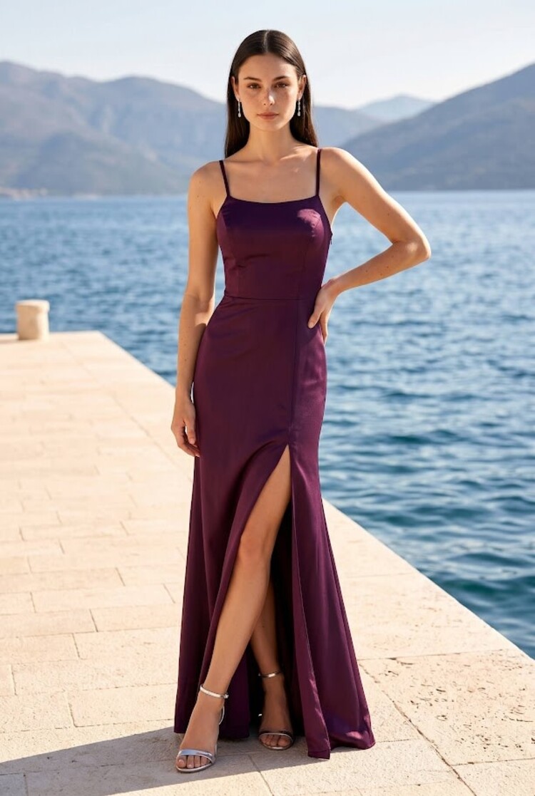 Deep Burgundy Satiny Lace Up Gown, Size 0