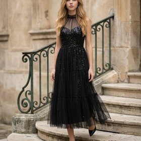 Black Full Sequin Gown with Tulle Overlay, Size 6