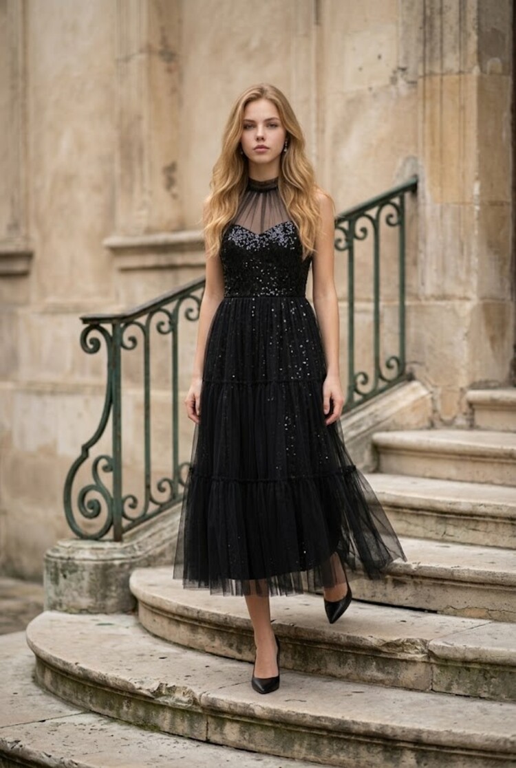 Black Full Sequin Gown with Tulle Overlay, Size 6