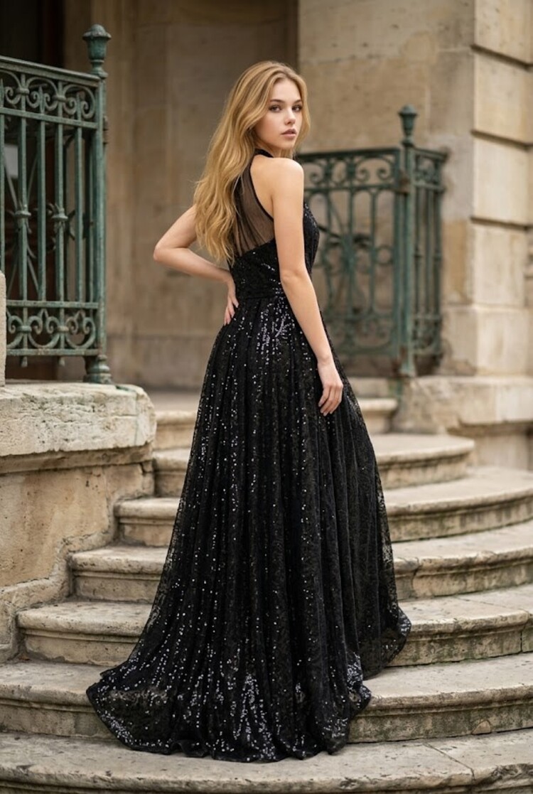 Black Full Sequin Gown with Tulle Overlay, Size 6