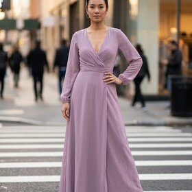 Lilac Purple Pleated Long Sleeved Gown with Flowy Skirt, Size 8