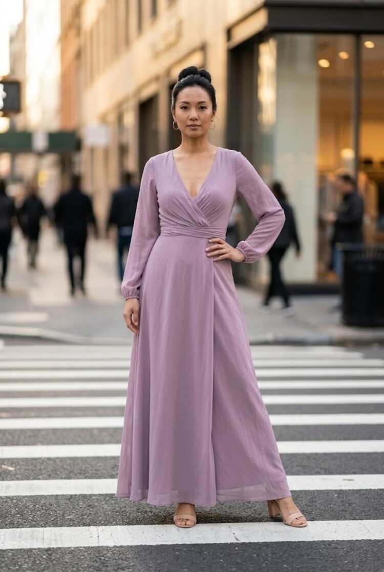 Lilac Purple Pleated Long Sleeved Gown with Flowy Skirt, Size 8