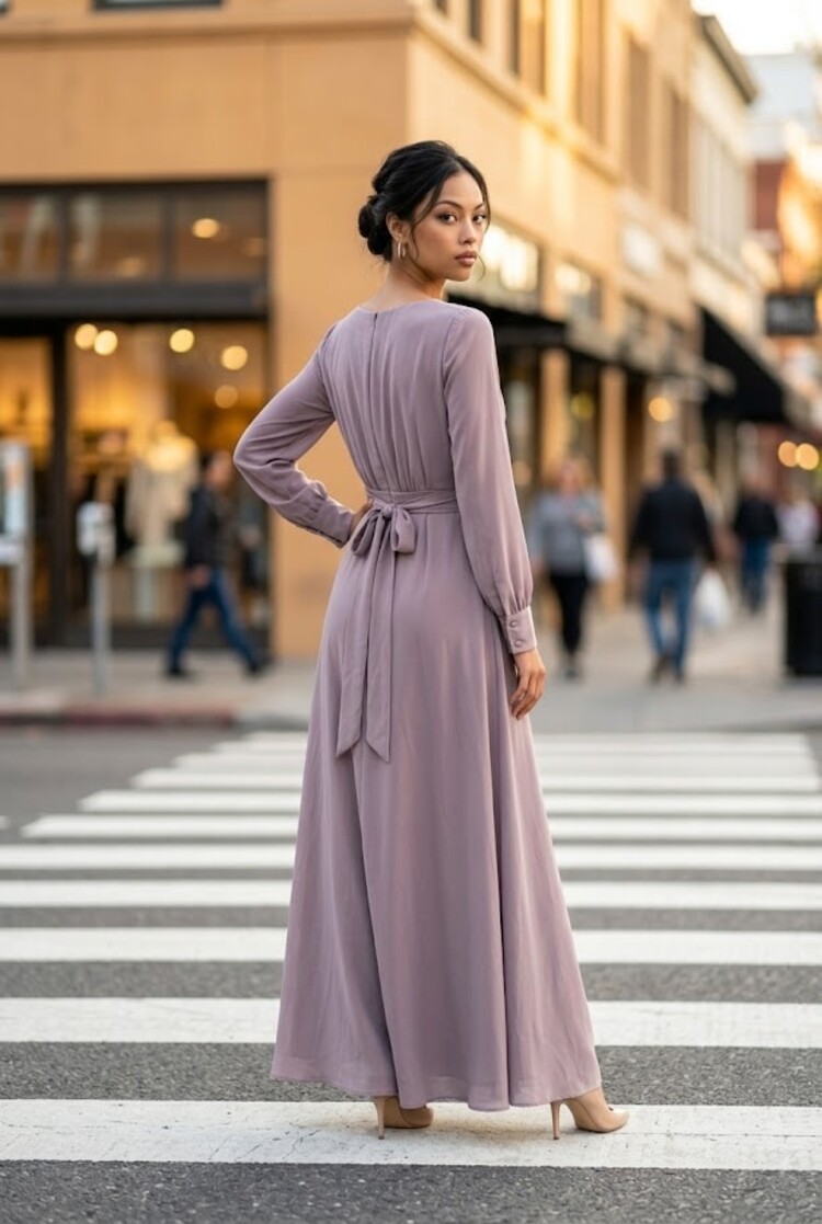 Lilac Purple Pleated Long Sleeved Gown with Flowy Skirt, Size 8