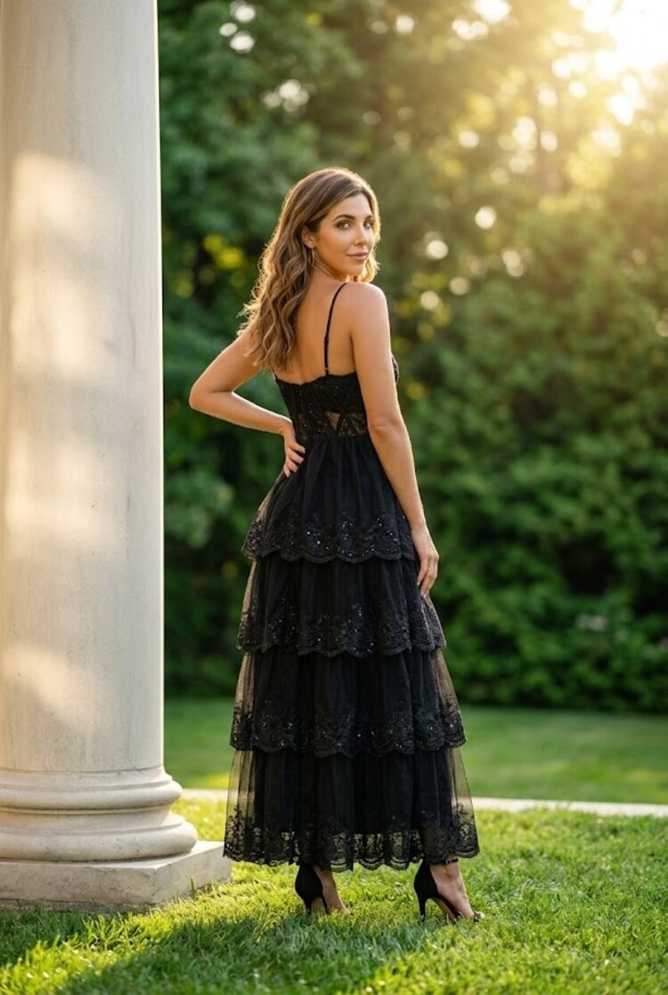 Black Corset Bodice Layered Ruffled Skirt Gown, Size XS
