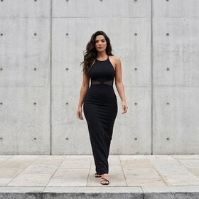Betsy & Adam Black Body Con Gown with Mesh Waist Detail, Size M