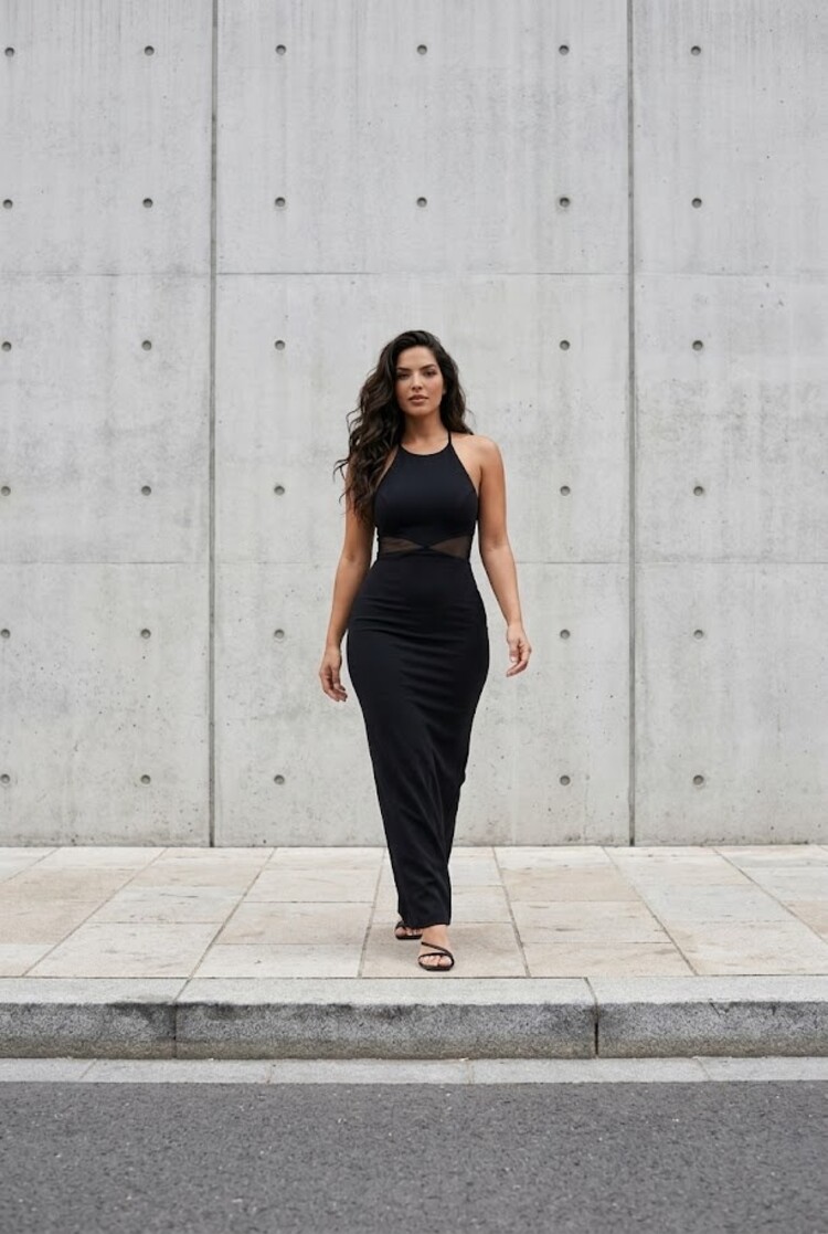 Betsy & Adam Black Body Con Gown with Mesh Waist Detail, Size M