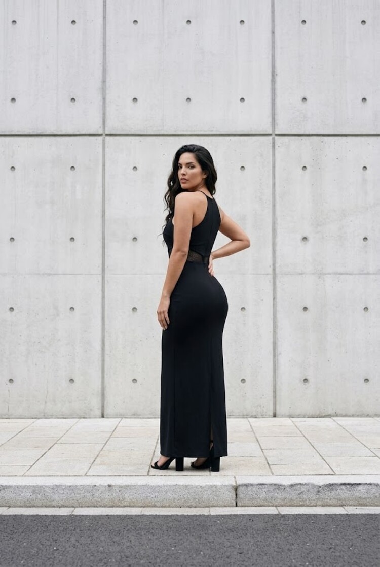 Betsy & Adam Black Body Con Gown with Mesh Waist Detail, Size M