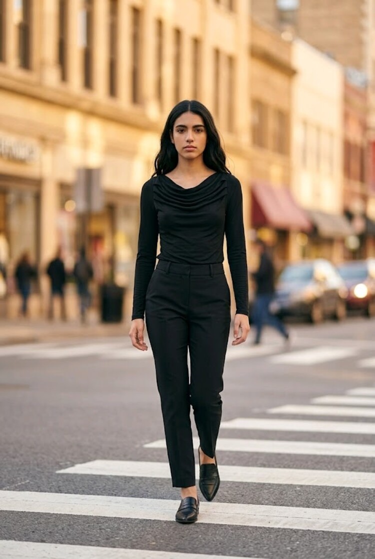Black Ruched Neck Top, Size L