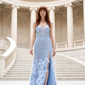 Dear Moon Blue Embellished Feather Gown with Corset Bodice, Size S