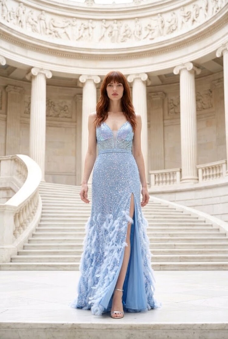 Dear Moon Blue Embellished Feather Gown with Corset Bodice, Size S