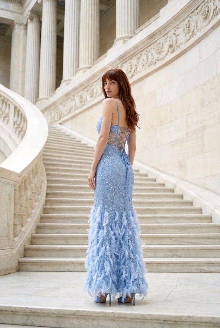 Dear Moon Blue Embellished Feather Gown with Corset Bodice, Size S
