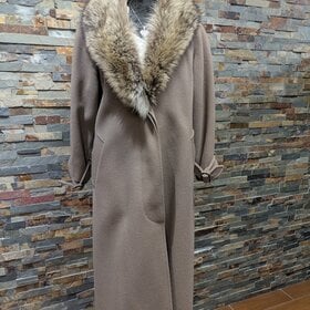 Toupe Classic Boiled Wool Long Belted Coat with American Raccoon Collar, M