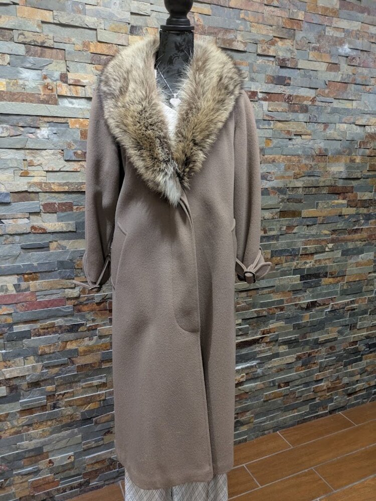 Toupe Classic Boiled Wool Long Belted Coat with American Raccoon Collar, M