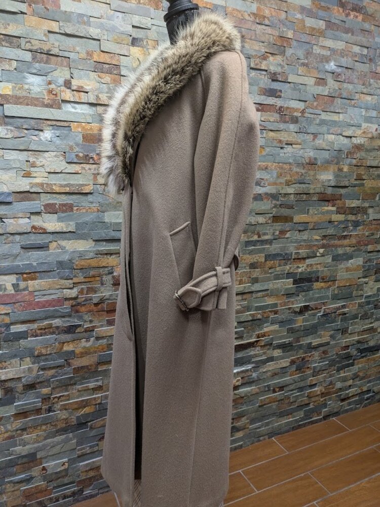 Toupe Classic Boiled Wool Long Belted Coat with American Raccoon Collar, M