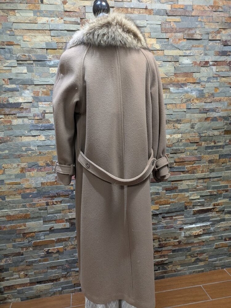 Toupe Classic Boiled Wool Long Belted Coat with American Raccoon Collar, M