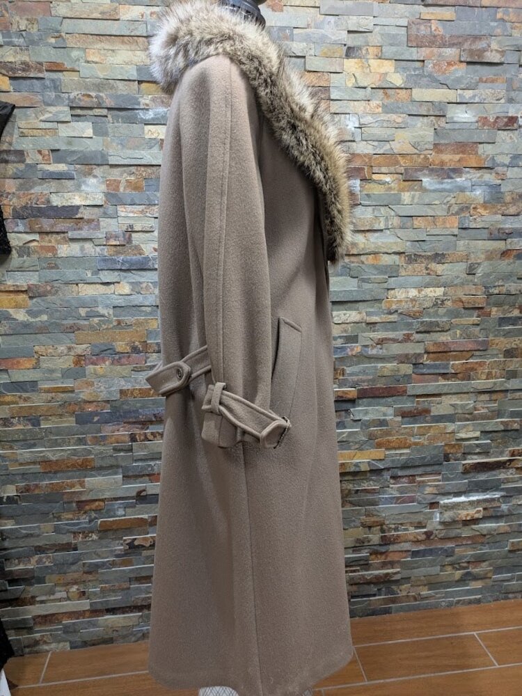 Toupe Classic Boiled Wool Long Belted Coat with American Raccoon Collar, M