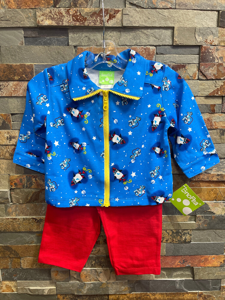 Royal Space Print Jacket with Red Pant Set, Size 9M