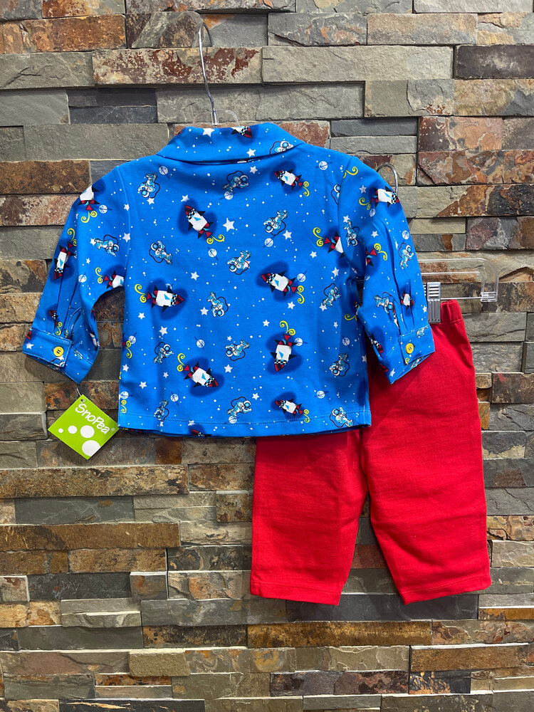 Royal Space Print Jacket with Red Pant Set, Size 9M