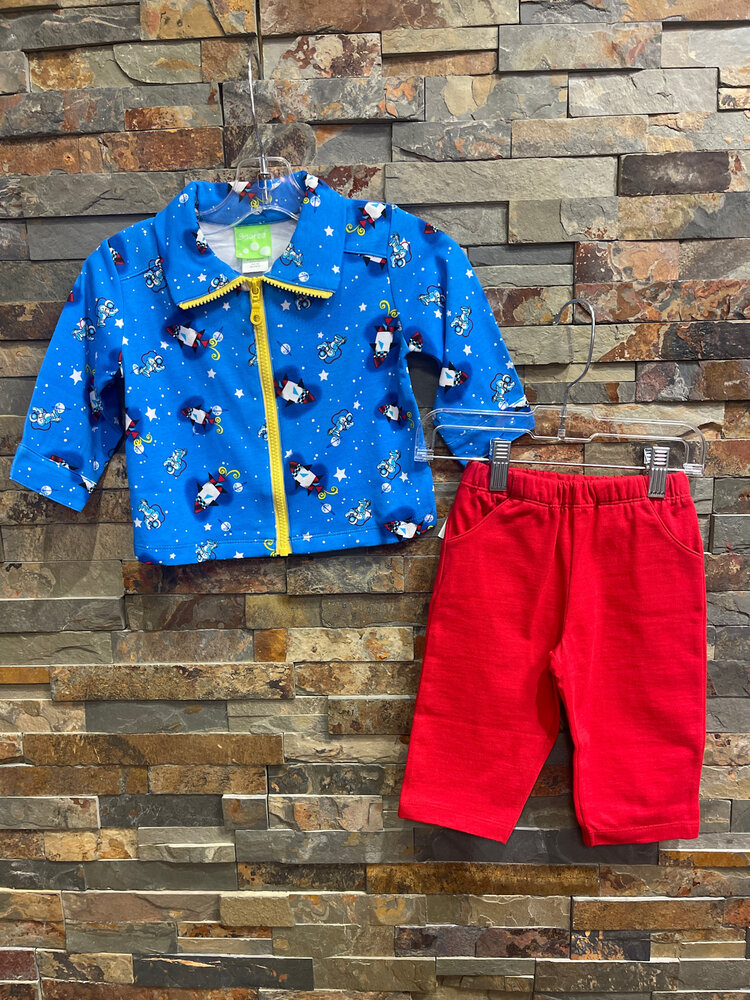 Royal Space Print Jacket with Red Pant Set, Size 9M