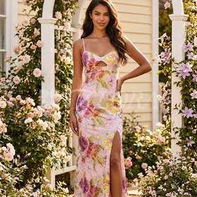 Jump Apparel Pink Gown with Embroidered and Sequined Flowers, Size 11/12