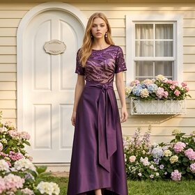 Marina Plum Purple Sequin Mesh Bodice with Full Skirt Gown, Size 10