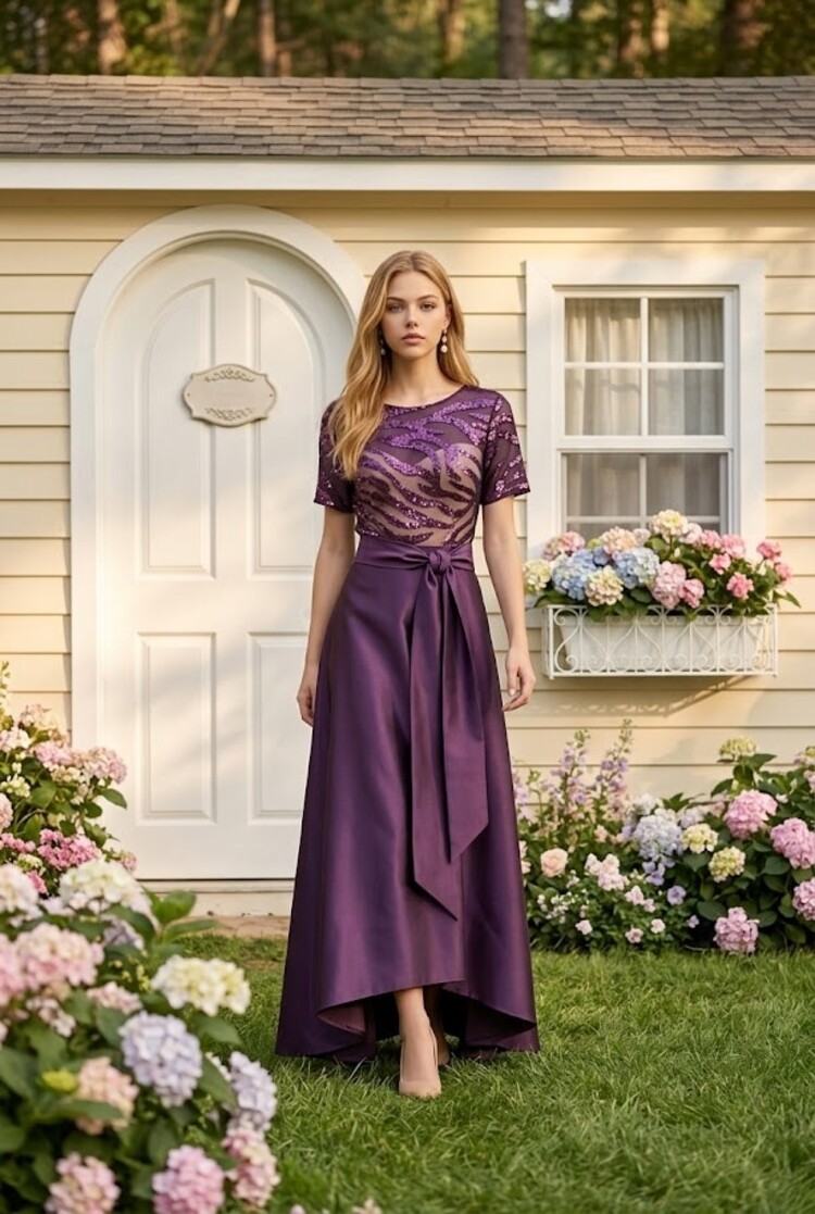 Marina Plum Purple Sequin Mesh Bodice with Full Skirt Gown, Size 10