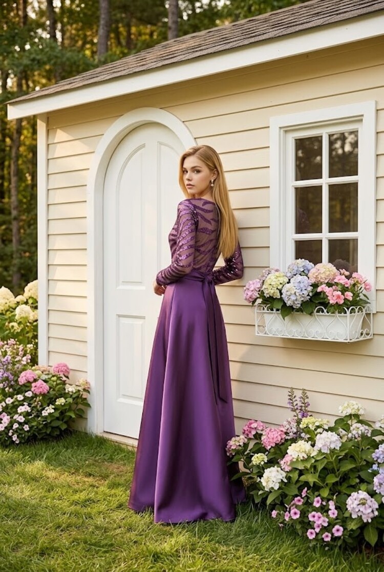 Marina Plum Purple Sequin Mesh Bodice with Full Skirt Gown, Size 10
