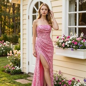 Pink Strapless Sequined Velvet Gown with Lace Up Back, Size 10