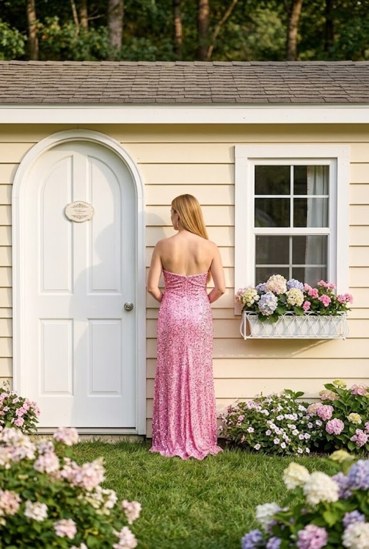 Pink Strapless Sequined Velvet Gown with Lace Up Back, Size 10