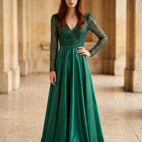 Emerald Green Beaded V-Neck Bodice Gown, Size S
