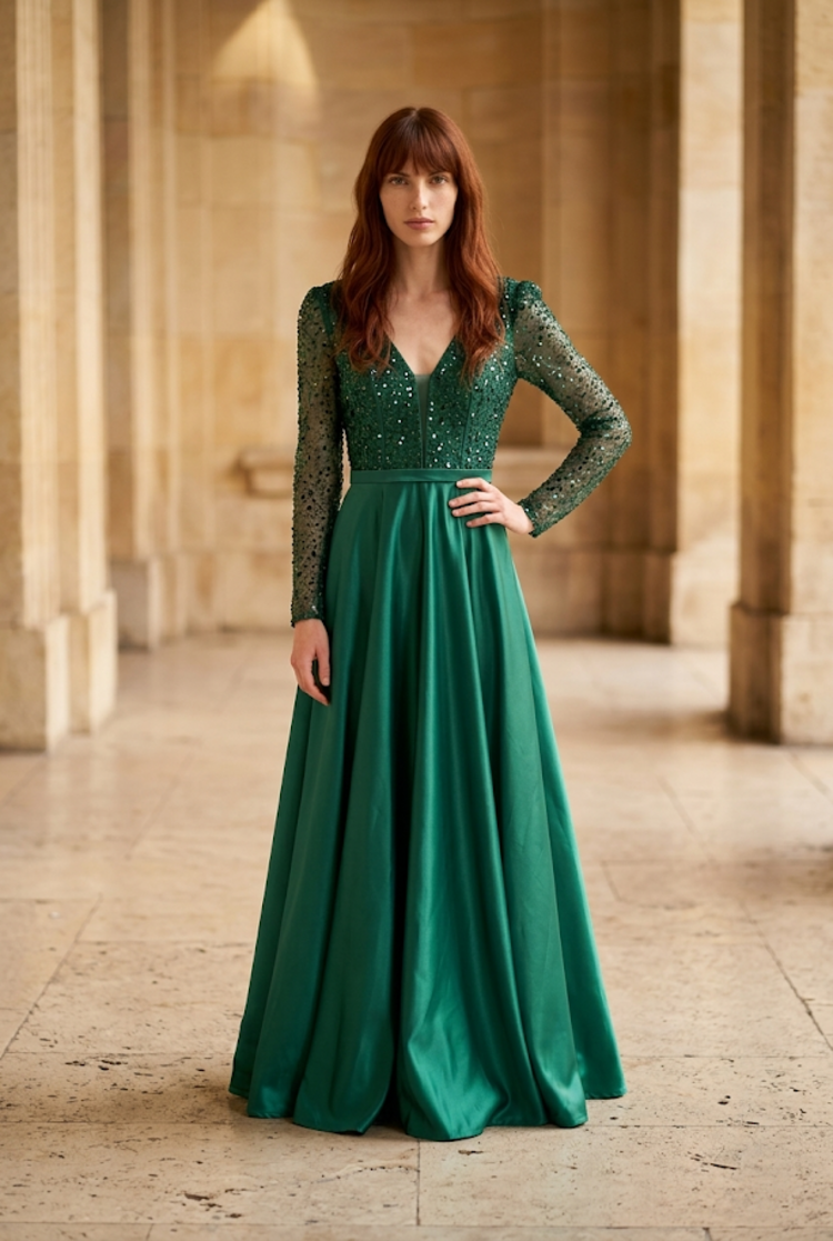 Emerald Green Beaded V-Neck Bodice Gown, Size S