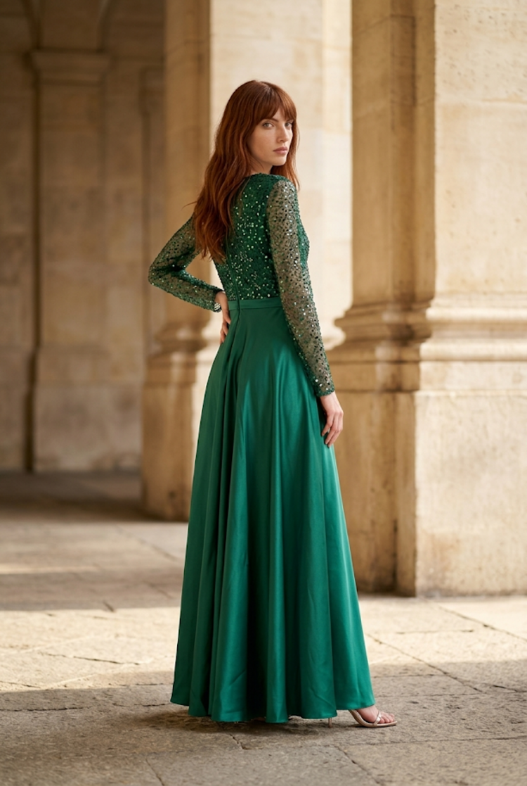 Emerald Green Beaded V-Neck Bodice Gown, Size S