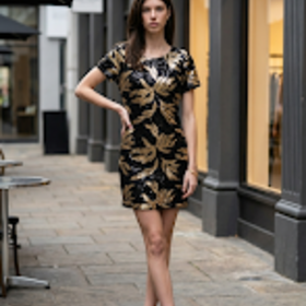 London Times Black with Gold Leaves Sequined Dress, Size 10